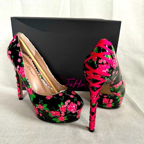 Brand New In Box Betsy Johnson Bonnee Floral Heels. This Pump Boasts An Elevated Platform And A Lacing Pattern On The Stiletto Heel Adorned With Floral Styling. Floral Platform Pump With Lace-Up Ribbon On The Back Heel Synthetic Lining Synthetic Sole 5 Inch Heel Height 1.25 Inch Platform Height Imported Style Name: Bonnee Betsey Johnson Diva Boots, Betsey Johnson Cady Boots, Black Floral Print High Heels, Betsey Johnson Flower Shoes 2 Inch Heels, Betsey Johnson Heels Sparkle, Multi Colored Heels, Long Sleeve Backless Dress, Shoes Shopping, Rhinestone Pumps