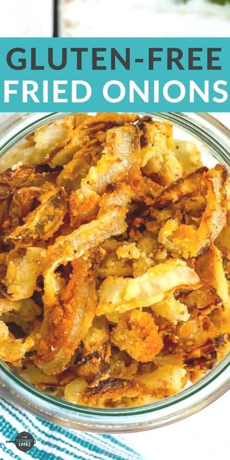 You're in for a treat with these Gluten-Free French Fried Onions! They are so good that it's hard to believe these healthy crispy fried onions are Whole30 compliant, keto-friendly, and vegan. These fried onion strings can be made in an air fryer or baked in the oven. Gluten Free French Fried Onions, French Fried Onion Recipes, Fried Onions Recipe, Onion Straws, Onion Strings, Keto Thanksgiving, Vegan Holiday, Thanksgiving 2020, French Fried Onions