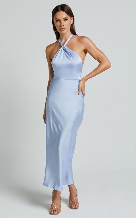 Marcie Midi Dress - Knot Detail Halter Satin Bias Cut Dress in Light Blue | Showpo USA Light Blue Dress Outfit, Light Blue Halter Dress, Halter Neck Bridesmaid Dresses, Light Blue Midi Dress, Dress Knot, Blue Wedding Guest Dresses, Blue Dress Outfits, Wedding Guest Dress Midi, Blue Bride