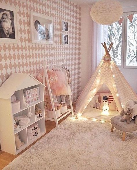 42 Fantastic Baby Bedroom Ideas With Play Areas | Home Design And Interior Awesome Playroom, Diy Girls Bedroom, Toddler Bedroom Girl, Cool Kids Rooms, Toddler Girl Room, Kids Room Furniture, Playroom Design, Teepee Tent