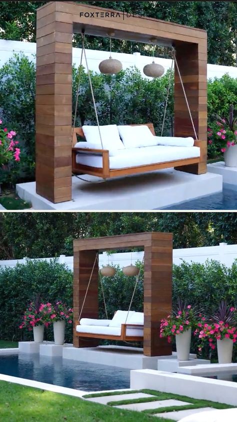 Simple Small Backyard, Small Backyard Pool, Backyard Swings, Modern Backyard Landscaping, Backyard Landscape, Patio Garden Design, Modern Backyard, Outdoor Gardens Design, घर की सजावट