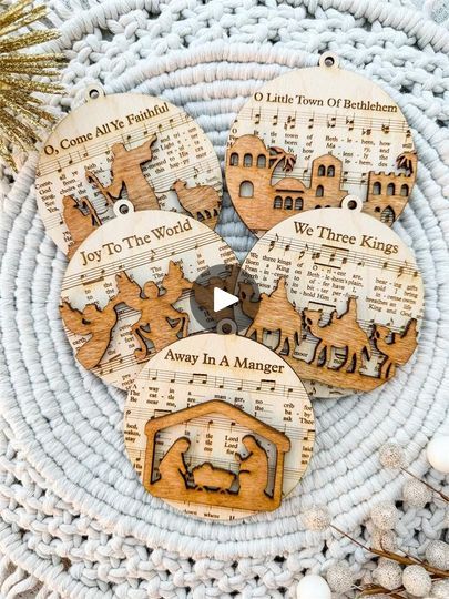 ❤️Each ornament features a classic carol and its corresponding music sheet, making it a perfect addition to your holiday decorations.🎄 | By ChicpresentFacebook Easy Christian Christmas Crafts, Christian Crafts To Sell, Religious Christmas Crafts, Sheet Music Ornaments, Wooden Nativity, Christmas Bazaar, Religious Ornaments, Music Ornaments, Christian Ornaments