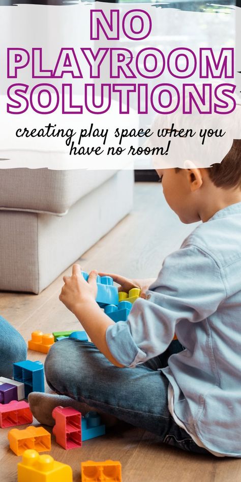 kids playing in a living room. Text overlay reads "no playroom solutions, creating play space when you have no room!" Small Space Living Room Toy Storage, Organizing Toddler Toys In Living Room, Small House Play Area, Small Playroom Organization Layout, Small House Toy Storage, Daycare Toy Organization, Living Room Toddler Play Area, No Playroom Solutions, Small Playroom Layout