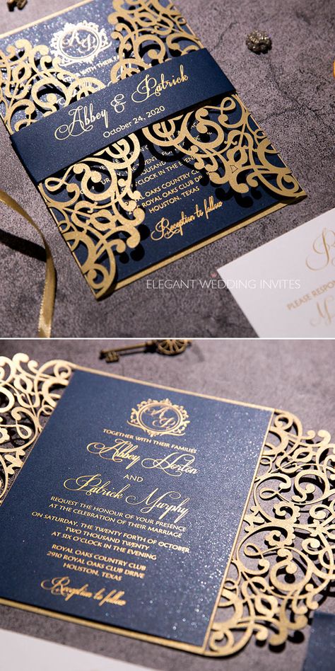 Undangan Rustic, Navy Gold Wedding Invitations, Gold Laser Cut, Foil Prints, Unique Wedding Cards, Metallic Wedding, Indian Wedding Invitation Cards, Classic Invitation, Creative Wedding Invitations