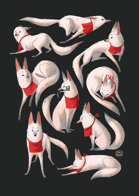 Japanese Fox Illustration, Kitsune Illustration, Fox Character Design, Inari Fox, Fushimi Inari Shrine, Inari Shrine, Fox Character, Japanese Fox, Japanese Animals