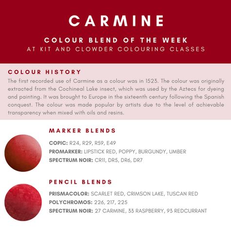 030 Carmine | COLOR OF THE WEEK Carmine Color, Color Palets, Color Of The Week, Prismacolor Art, Color Of The Day, Color Schemes Colour Palettes, Coloring Tips, Colored Pencil Techniques, Spectrum Noir