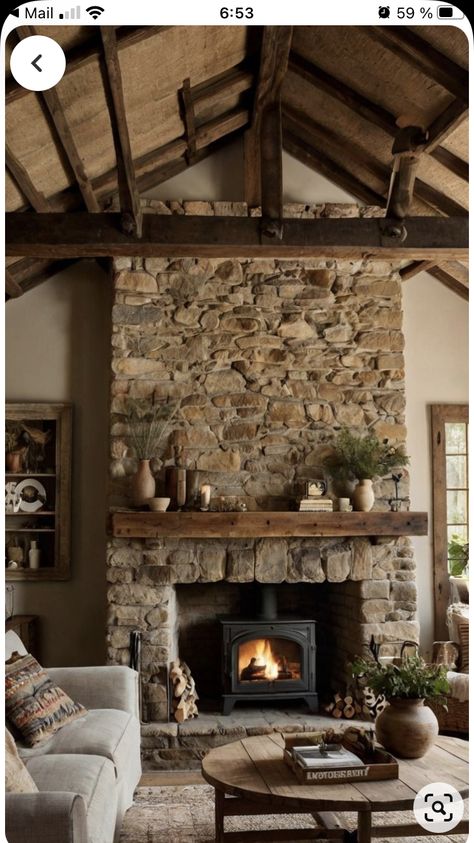 Moody Stone Fireplace, Old Rock Fireplace, Old Farmhouse Fireplace, Red And Green Decor, Wood Stove Surround, Christmas Living Room Ideas, Small Stone House, Rustic Stone Fireplace, Cottage Fireplace