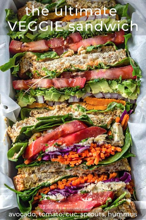 Dagwood Sandwich, Veggie Sandwich Recipes, Potato Avocado, Vegetarian Burgers, Vegetable Sandwich, Sandwich Easy, Spicy Hummus, Tofu Sandwich, Healthy Sandwich Recipes