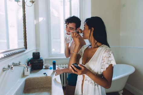 Couple in love spending time together in... | Premium Photo #Freepik #photo #love #house #woman #man Bathroom Love Couple, Couples Bathroom Photoshoot, Shower Couple Photoshoot Bathroom, Couple Cleaning Together, Couple In Bathroom Mirror, Bathrobe Couple Photoshoot, Take A Shower Together Couple, Couple Washing Car Together, Couple Bathroom