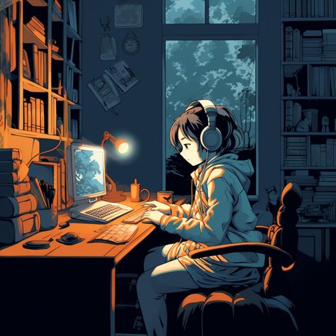 Night Study Aesthetic Anime, Night Room Drawing, Anime Headphones Aesthetic, Head Down On Desk, Night Room Illustration, Girl Studying Illustration, Study Room Drawing, Manga Studying, Anime Study Aesthetic