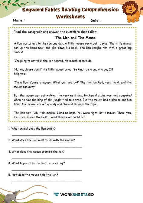 The Lion And The Mouse, Lion And The Mouse, Comprehension Worksheets, Reading Comprehension Worksheets, English Class, Vocabulary Words, The Lion, Printable Worksheets, Reading Comprehension