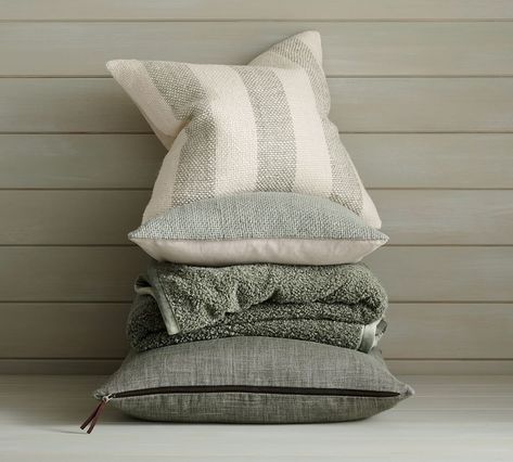 Misty Morning Tonal Palette in Easy Greens | Pottery Barn Neutral Pillow Covers, Green Pottery, Neutral Pillows, Misty Morning, Embroidered Pillow Covers, Feather Pillows, Home Decor Sale, Pillow Texture, Linen Pillow Covers