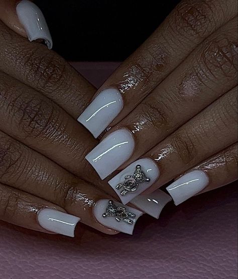 Plain Nails With Charms, Birthday Nails Aesthetic, Pink Pink Nails, Plain Acrylic Nails, Nails With Charms, Marble Acrylic Nails, Freestyle Nails, Bday Nails, Birthday Nail Designs