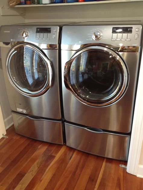 Love my Samsung Steam Washer and Dryer - ours is white! :) Appliances Organization, Laundry Rooms Ideas, Kitchen Appliances Organization, Washer Pedestal, Washer And Dryer Pedestal, Organization Laundry, Washer Dryer Set, Laundry Pedestal, Laundry Room Inspiration