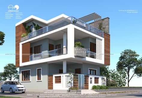 2 Floor Elevation Design, G 3 Front Elevation Design, Residential Exterior Design, Corner Elevation, Box House Design, Residential Exterior, 3d House Plans, Building Elevation, Modern Bedroom Interior