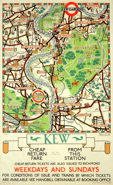 Kew Gardens area map. Visual clusterfuck but I like it Underground Train, Kew Gardens London, London Underground Tube, London Travel Poster, London Transport Museum, Transport Museum, Transportation Poster, Underground Art, Pictorial Maps