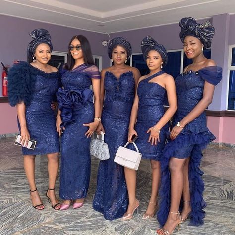 Navy Blue Aso Ebi Lace Styles, Navy Blue Traditional Dress, Navy Blue Asoebi, Navy Blue Lace Asoebi Styles, Lace Dresses Nigerian African Style, Nigerian Bridesmaid Dresses, Lace Asoebi Styles, White Lace Dresses, Nigerian Party