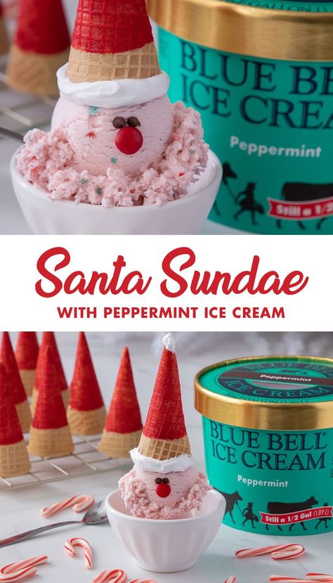 Santa Claus is coming to town! Top off your favorite flavor of Blue Bell with a delicious Santa Sundae. Christmas Sundaes, Baby Christmas Crafts, Fun Holiday Food, Classroom Christmas Party, Christmas Ice Cream, Blue Bell Ice Cream, Peppermint Ice Cream, Gingerbread House Cookies, Fudge Bars