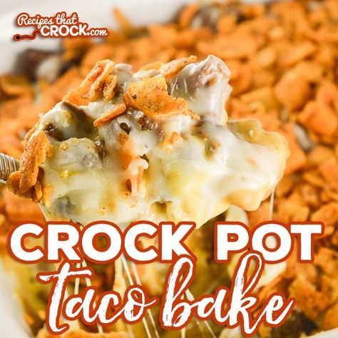 Crock Pot Taco Bake is an delicious adaptation of our popular oven recipe. Layers of chili cheese fritos, taco meat, cheese sauce, shredded cheese and more fritos bake up into a delicious casserole we love to serve over a bed of lettuce with all our favorite taco toppings! #sponsored Crockpot Supper, Chili Cheese Fritos, Baked Tacos Recipe, Taco Toppings, Oven Recipe, Crockpot Casserole, Crock Pot Tacos, Taco Bake, Yummy Casseroles