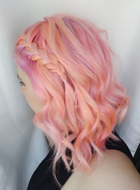 Color using Iroiro 210 Pastel Lavender, Iroiro 250 Pastel Peach, and Ion 30588 Salmon. #peachhair #pinkhair #peachandlavenderhair #ionhaircolor #iroirohaircolor #semipermanentcolor #pastelpeach Lavender And Peach Hair, Peach And Pink Hair, Iroiro Hair Color, Pastel Peach Hair, Flamingo Hair, Peach Hair Colors, Best Hair Dye, Bleaching Your Hair, Bold Hair Color