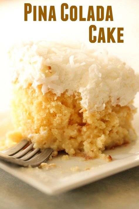 Pina Colada Cake Recipe, Pina Colada Poke Cake, Pina Colada Cake, Vegetarian Cake, A Piece Of Cake, Poke Cake, White Plate, Coconut Recipes, Instant Pudding