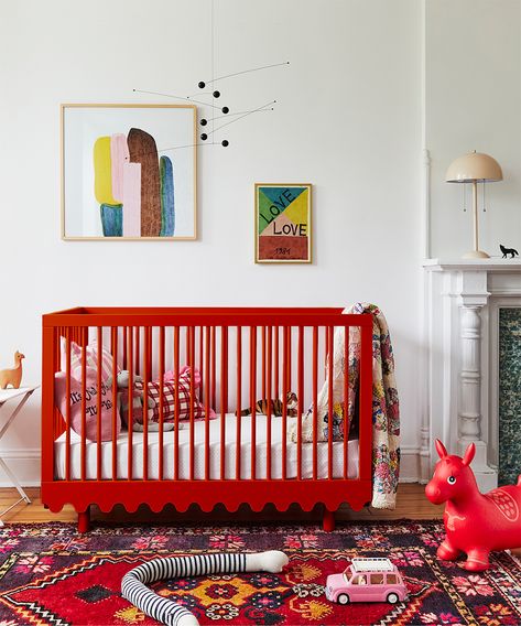 Red Crib Nursery, Maximalist Baby Nursery, Maximalist Nursery, Red Crib, Bold Nursery, Painting A Crib, Unique Cribs, Crib Conversion Kit, Crib Design