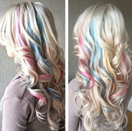 Blue And Blonde Hair Ideas, Pink And Blue Hair Highlights, Blonde With Rainbow Highlights, Pastel Highlights In Blonde Hair, Cotton Candy Highlights, Blue And Pink Highlights, Pink And Blue Highlights, Pink Blonde, Pink Blonde Hair