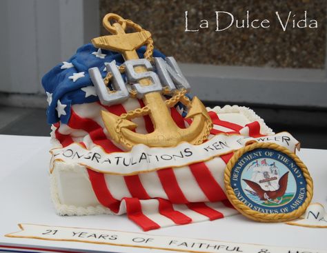 U.S. Navy Chief, American flag, fondant anchor, retirement cake Navy Chief Cake, Navy Retirement Cakes, Promotion Cake, Promotion Ceremony, Final Cake, Navy Cakes, Navy Retirement, Military Retirement Parties, Military Cake