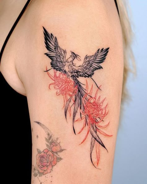 Snake And Phoenix Tattoo, Phoenix Couple Tattoo, Fiery Phoenix Tattoo, Phoenix Tattoo Ribs For Women, Phoenix Fire Tattoo, Dragon And Phoenix Tattoo, Phoenix Tattoo Women, Avengers Tattoo, Small Flower Tattoos