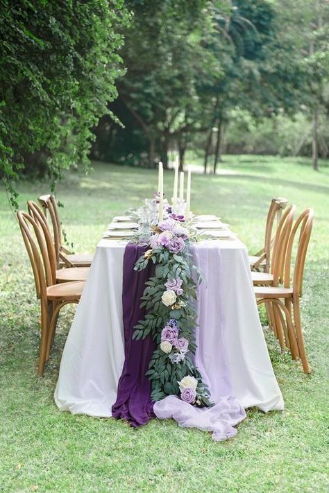 6ft Eucalyptus Flower Garland - Lilac & Gold Banyan Leaf, Lavender Wedding Theme, Wisteria Wedding, Tangled Wedding, Eucalyptus Flower, Purple And Green Wedding, Purple Table, Purple Wedding Theme, Summer Wedding Decorations