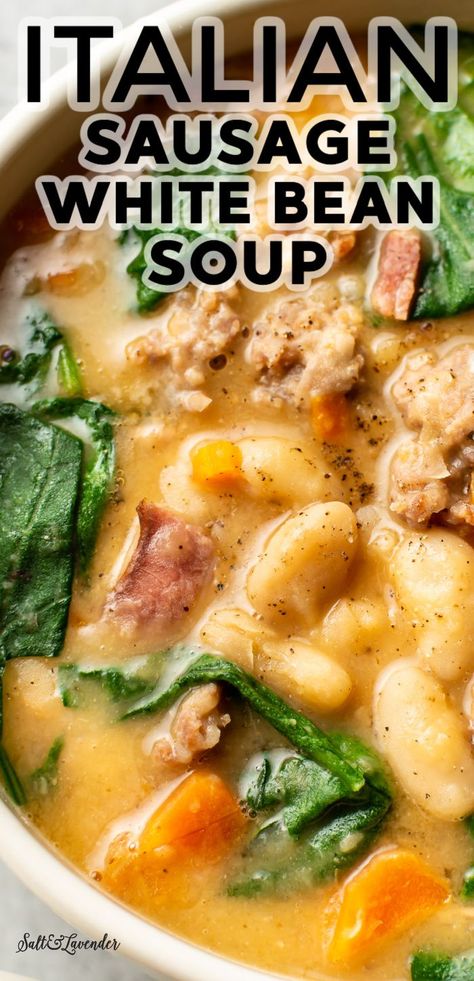 Italian Sausage White Bean Soup, Rainy Day Dinner Ideas, Sausage White Bean Soup, Salad Station, Sausage White Bean, Instapot Meals, Crockpot Soups, Sausage Soup Recipes, Italian Sausage Soup