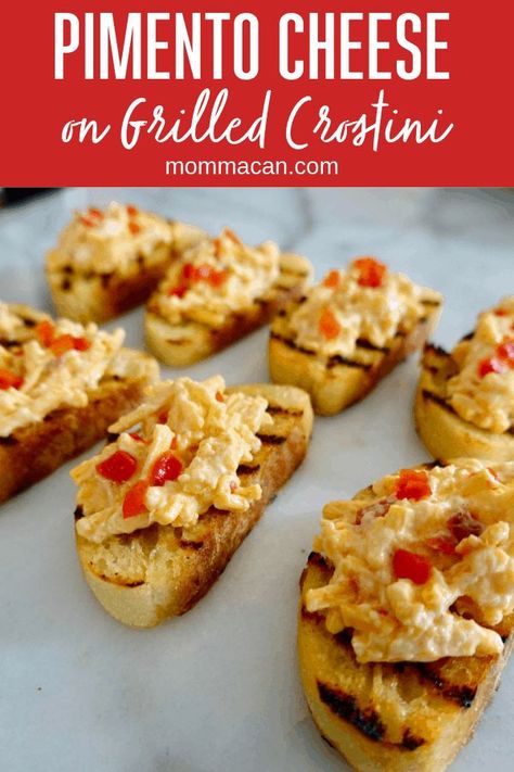 Share a little Southern Charm with this amazing appetizer recipe. Pimento cheese on grilled crostini garnished with fresh diced red peppers. Perfect paired with sweet tea or lemonade. #pimento #cheese #appetizer Grilled Crostini, Pimento Cheese Appetizer, Queso Recipes, Pimento Cheese Spread, Crostini Recipe, Crostini Appetizers, Pimento Cheese Recipes, Cheese Appetizer, Crostini Recipes