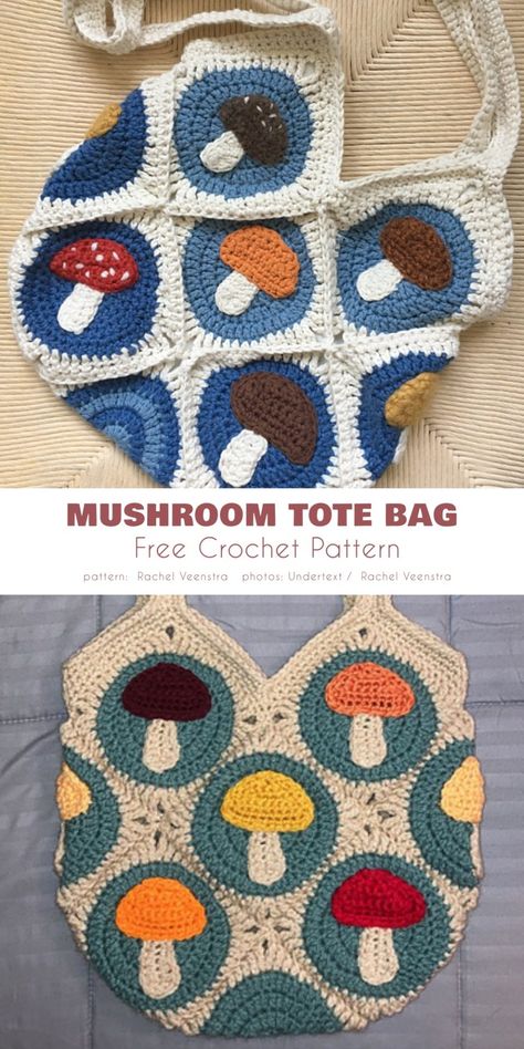 Mushroom Tote Bag Crocheted Purses, Tote Crochet, Granny Square Crochet Patterns Free, Free Crochet Bag, Crochet Mushroom, Crochet Bag Pattern Free, Aesthetic Crochet, Crochet Design Pattern, Crochet Handbags Patterns