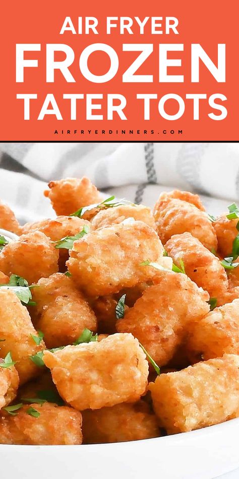 Easy to prepare an air fryer side dish recipe! This Air Fryer Frozen Tater Tots recipe features crisp golden brown tater tots with the perfect fluffy potato interior and is ready in 10 minutes. Make this easy potato side dish that will surely be a favorite for kids and adults! Tater Tots In Air Fryer, Frozen Tater Tots, Tater Tots, Potato Side Dishes, Best Side Dishes, Main Course Recipes, Perfect Appetizers, Quick Snacks, Frozen Food