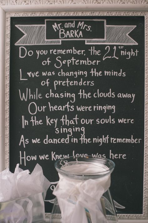 couple married on September 21st, so they put up the lyrics of Earth Wind & Fire's "September"! photo by Katie Slater http://ruffledblog.com/romantic-connecticut-wedding #wedding #signs Earth Wind And Fire Wedding, September Earth Wind And Fire Lyrics, September 21st Wedding, September 21 Wedding, 21st Night Of September Wedding, Earth Wind Fire September, Dancing In September, Groovy Bachelorette, 21st Night Of September