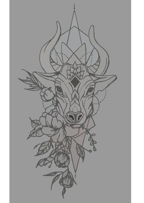 Egyptian Taurus Tattoo, Taurus Bull Drawing, Womens Taurus Tattoo, Tarot Card Tattoo Taurus, Bull With Crown Tattoo, Girly Taurus Tattoo Design, Pisces Tattoo For Son, Mandala Bull Tattoo, Bull And Flowers Tattoo