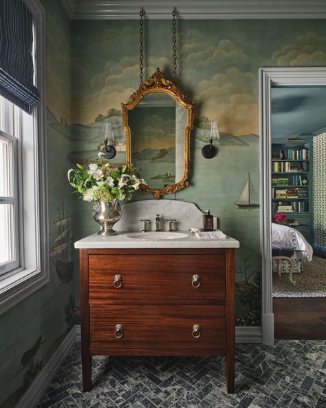 A serene retreat. 🪞🌿 We love the layers of old & new in this stunning bathroom designed by Meredith Ellis. ✨ Bathroom Essentials: https://bit.ly/3K25mXB Wall Mirrors: https://bit.ly/3nA8XVg Sconces: https://bit.ly/3K5Yo41 (Design: @meredithellis, 📷: @stephen_karlisch_photo) #myOKLstyle #Home #InteriorDesign #PowderRoom #OneKingsLane Meredith Ellis, Kips Bay Showhouse, Traditional Home Magazine, Collected Interiors, Modern Luxury Interior, Glam Pad, Stylish Bathroom, Elegant Bathroom, House And Home Magazine