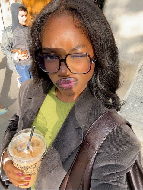 Black Woman Sunglasses, Selfie Angles For Round Face, Brown Aesthetic Black Women, Instagram Inspo Black Women, Glasses Frames Black Women, Glasses Inspo Women, Pilates Black Women, Happy Woman Aesthetic, Clean Selfie