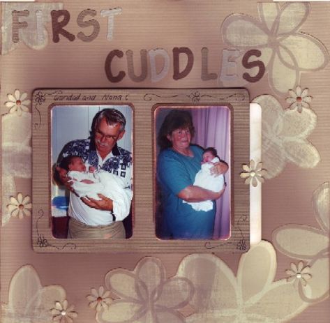 Cute title! grandparents first cuddles left - Scrapbook.com Scrapbook For Grandparents, Scrapbook Ideas For Grandparents, Grandma Scrapbook, Punch Art Ideas, Baby Journal Book, Baptism Decorations Boy, Baby Boy Scrapbook Layouts, Boy Baby Shower Food, Pregnancy Scrapbook