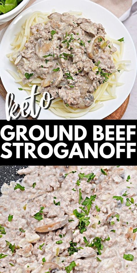 Keto Ground Beef Stroganoff - Make a classic German recipe that's also keto-friendly. This keto ground beef stroganoff is the perfect meal for busy weeknight dinners. #keto #ketorecipes #Ketodiet #Ketogroundbeefstroganoff #ketostroganoff #groundbeefstroganoff #stroganoff #groundbeef #dinner #food #recipes Keto Ground Beef Stroganoff, Hamburger Stroganoff Recipe, Hamburger Stroganoff, Keto Ground Beef, Beef Stroganoff Easy, Ground Beef Stroganoff, Beef Ground, Keto Beef, Fitness Plans