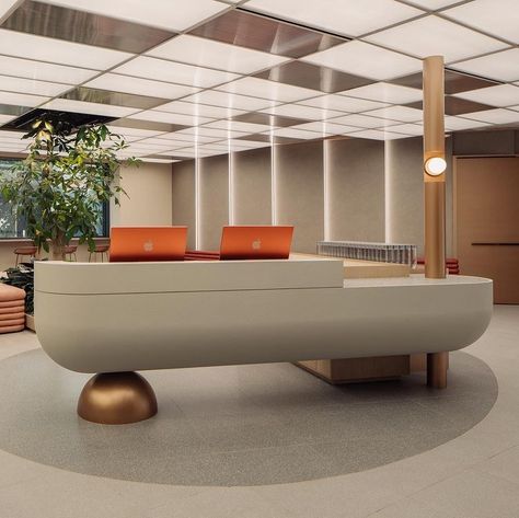 [1/2] Reception Island Counter. As an exploration of circular and spherical geometries, we rounded off the edges of the island and… | Instagram Island Reception Desk, Round Counter Design, Round Reception Desk, Reception Counter Design, Small Reception Desk, Curved Reception Desk, Fitness Studios, Holistic Fitness, Island Counter