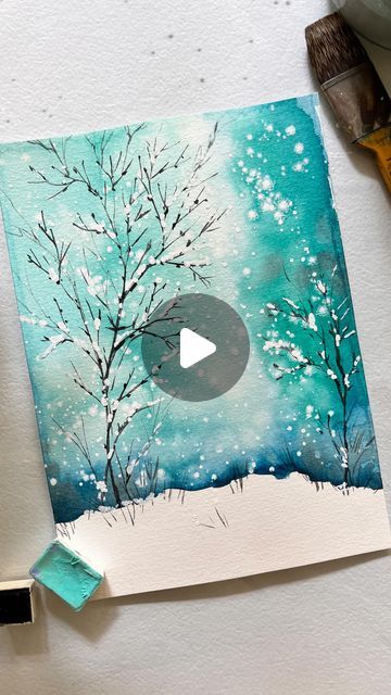 Christmas Scene Watercolor, Christmas Scene Drawing Easy, Winter Water Coloring Ideas, Winter Wonderland Painting Easy, Winter Watercolor Tutorials, Winter Watercolor Ideas, Easy Winter Watercolor, Winter Watercolor Cards, Winter Painting Ideas Easy