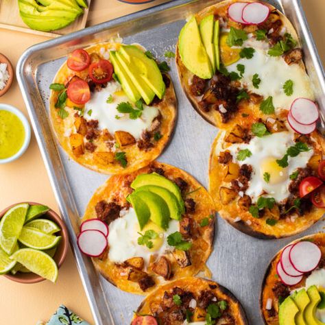 Sheet-Pan Breakfast Tostadas Breakfast Tostadas, Sheet Pan Breakfast, Guacamole Salsa, Foil Packet Meals, Foil Packet, White Cheddar Cheese, Veg Recipes, Breakfast Ideas, Yummy Breakfast