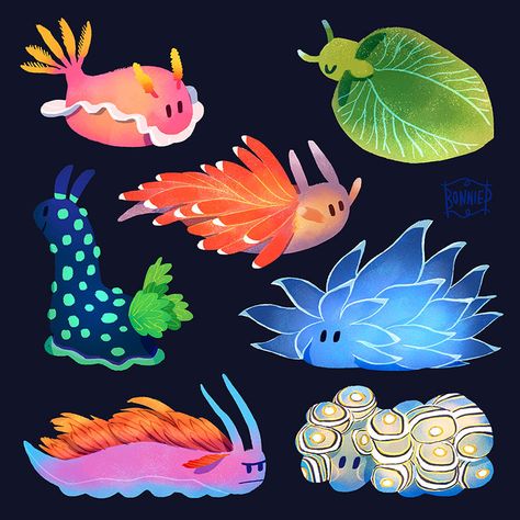 Sea Slugs by l3onnie on DeviantArt Slug Monster, Colorful Sea Creatures, Procreate Inspiration, Creature Creation, Sea Creatures Drawing, Fakemon Ideas, Sea Creatures Art, Sea Slugs, Kawaii Disney