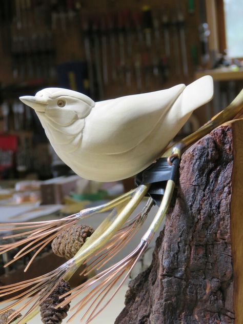 WIP, Red-breasted Nuthatch wood carving by Michael Willard, Marquette, MI. Roughed out and ready for detail work. Red Breasted Nuthatch, Bird Carving Patterns, Ceramic Birds Sculpture, Nuthatches, Clay Birds, Ceramic Art Sculpture, Bird Carving, Ceramic Techniques, Hand Built Pottery