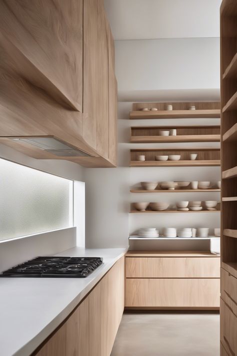 Modern kitchen with wooden cabinets, open shelving, and a gas cooktop. Minimalist Kitchen Shelves, Kitchen Shelves Decor Ideas, Kitchen Shelves Decor, Shelves Decor Ideas, Recessed Wall Shelves, Kitchen Shelving Ideas, Plate Rack Wall, Suspended Shelves, Floating Shelves With Lights