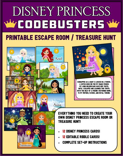 Disney Princess Riddles DIY Escape Room - Print and Play Party Game! Disney Escape Room Ideas, Disney Escape Room, Disney Riddles, Diy Princess Birthday Party, Disney Princess Party Games, Treasure Hunt Riddles, Yellow Kiwi, Princess Birthday Party Games, Disney Princess Diy