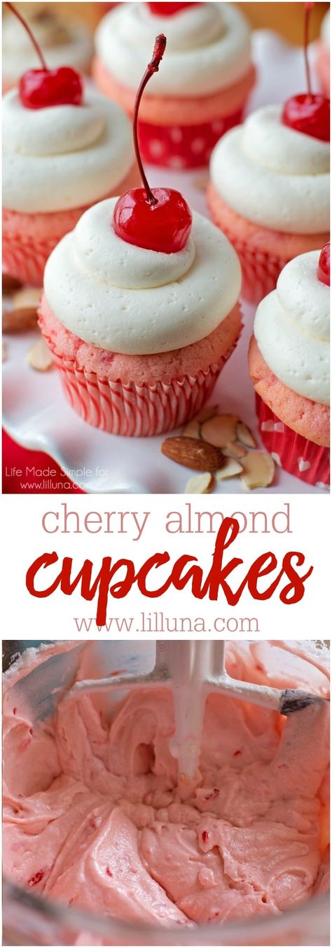 Cherry Almond Cupcakes, Almond Buttercream, Almond Cupcakes, Homemade Buttercream, Homemade Buttercream Frosting, Cupcakes Decorados, Tres Leches Cake, Salty Cake, Cherry Almond