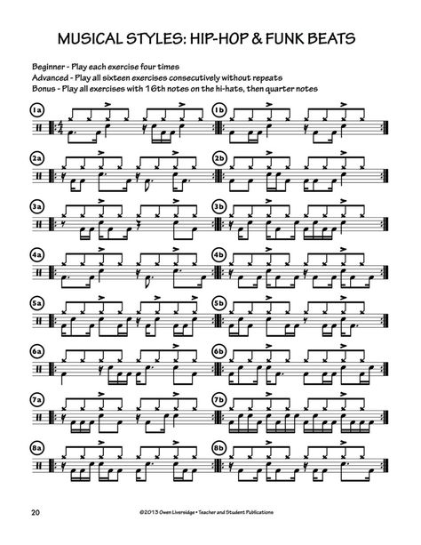 Hip hop and funk beats How To Read Drum Notes, Drum Notation, Drum Grooves, Bass Drum Beaters, Basic Drum Beats, Drum Rudiments, Al Jackson, Mitch Mitchell, Learn Drums