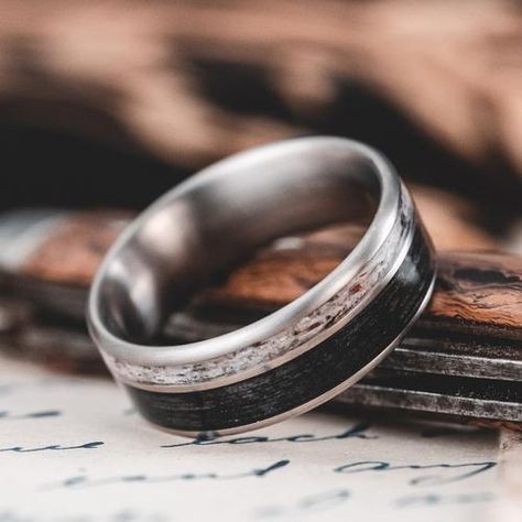 Whiskey Barrel Wedding, White Wedding Ring, Black Whiskey, Rustic Wedding Bands, Good Stories, Elk Antler, Antler Ring, Elk Antlers, Titanium Wedding Band